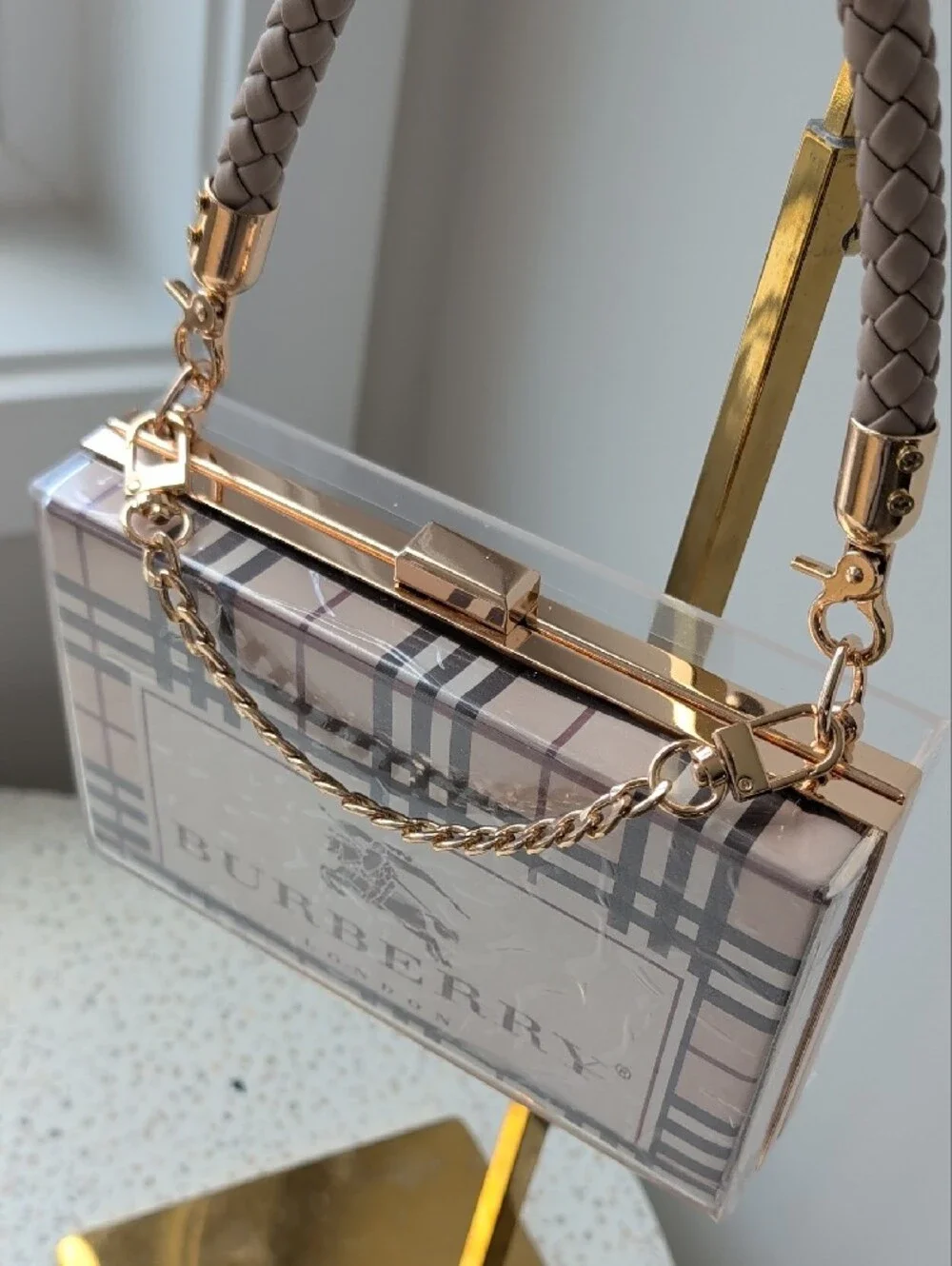 Upcycled Burberry Plaid Acrylic Box Clutch